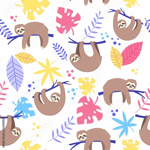Vector seamless pattern with cute sloth  and colorful tropical leaves