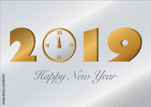 2019 New year greeting card formed by a silvery sheet with the numbers and a clock die-cut on it and superimposed over a golden background 