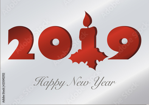 2019 New year greeting card formed by a silvery sheet with the numbers and a Christmas candle die-cut on it and superimposed over a red background 