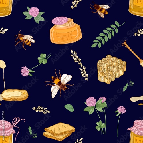 Apiculture or beekeeping seamless pattern with honey flowing down from dipper...