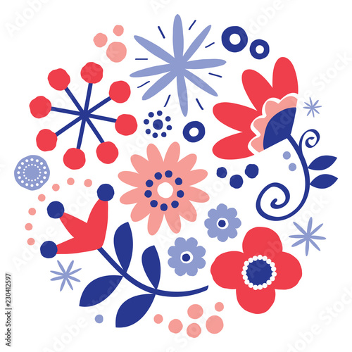 Folk art vector floral greeting card design, round pattern with flowers Scandinavian, hand drawn style in red and navy blue 