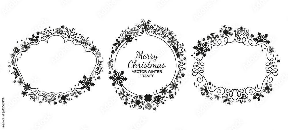 Black-white snowflake frame collection, Christmas design set. Vector illustration, merry xmas flake framework
