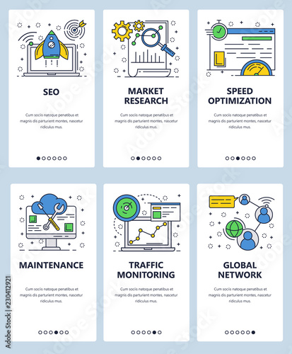 Vector web linear art onboarding screens template. SEO and digital marketing, website loading speed optimization and traffic monitoring. Menu banners for website and mobile app development. Modern