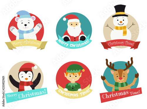 Christmas characters from the North Pole isolated in colorful circles wishing Merry Christmas