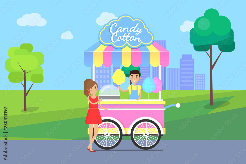 Candy Cotton Poster and Seller Vector Illustration