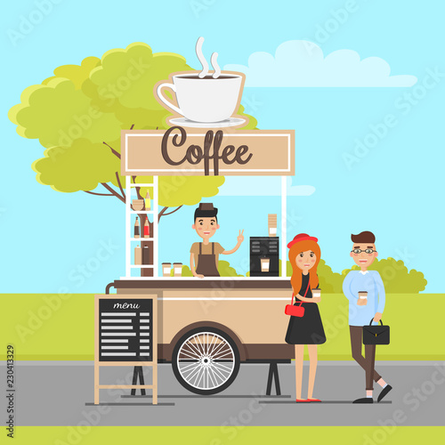 Coffee Mobile Van and Cheerful Couple in Park