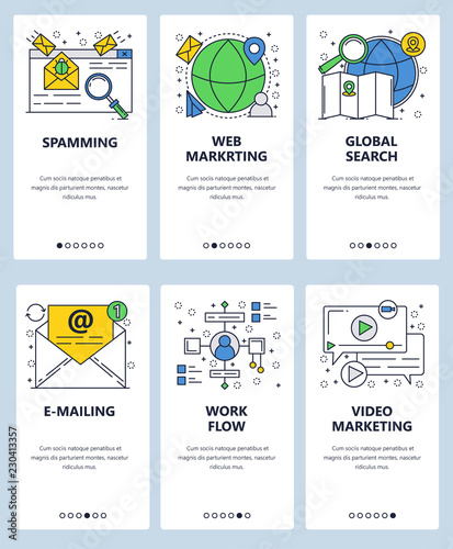 Vector web site linear art onboarding screens template. Online digital marketing, web and video advertisement. Email marketing and spam. Menu banners for website and mobile app development. Modern