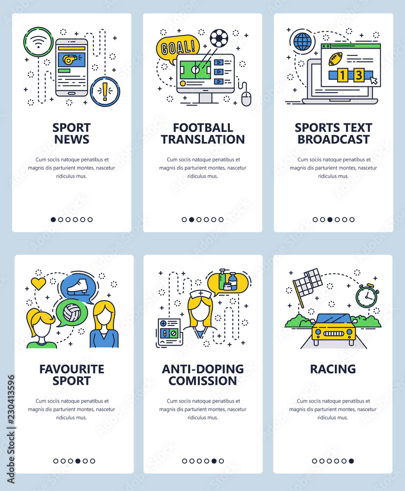 Vector web site linear art onboarding screens template. Sport news and online tv broadcast. Favourite sport and anti-doping comission