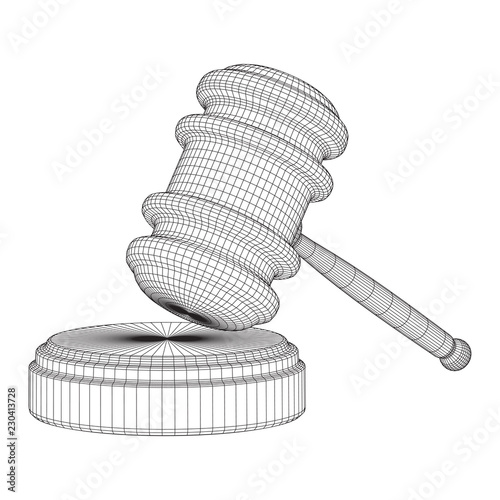 Gavel, hammer of judge or auctioneer. Wireframe low poly mesh vector illustration