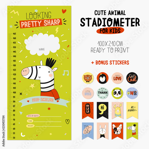 Super cute stadiometer set in vector. Funny animal illustration. Stickers and memo pads. Children scandinavian collection for nursery and baby wall decor.