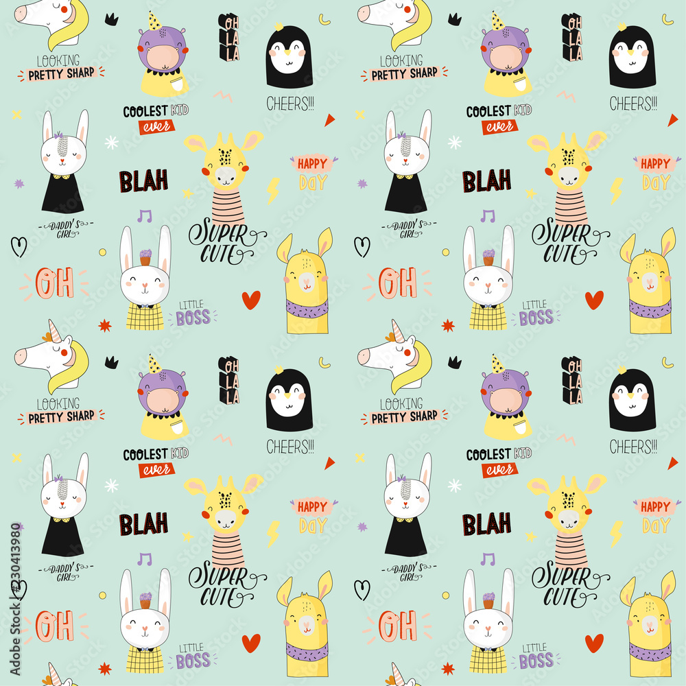 Super cute animal seamless pattern in vector. Trendy illustration with  funny animals and cool typography. Color background. Scandinavian kids  collection Stock Vector | Adobe Stock