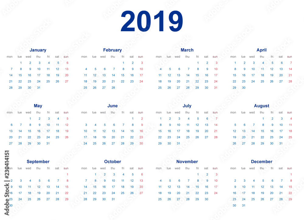 Calendario 2019 en Inglés Stock Vector | Adobe Stock