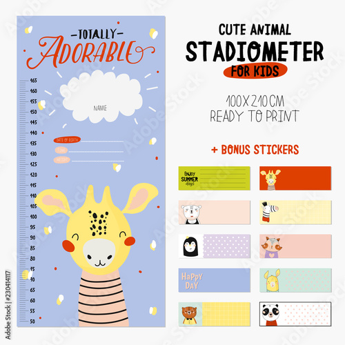 Super cute stadiometer set in vector. Funny animal illustration. Stickers and memo pads. Children scandinavian collection for nursery and baby wall decor.