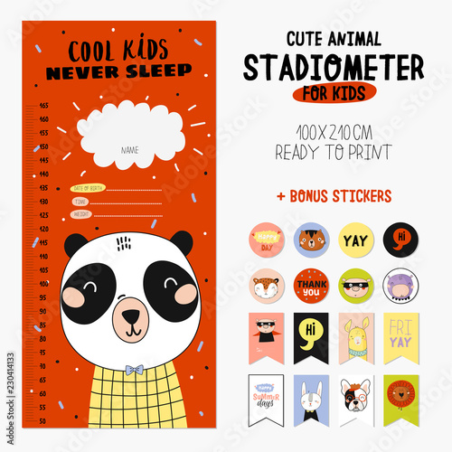 Super cute stadiometer set in vector. Funny animal illustration. Stickers and memo pads. Children scandinavian collection for nursery and baby wall decor.