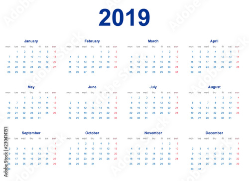 Calendario 2019 en Inglés