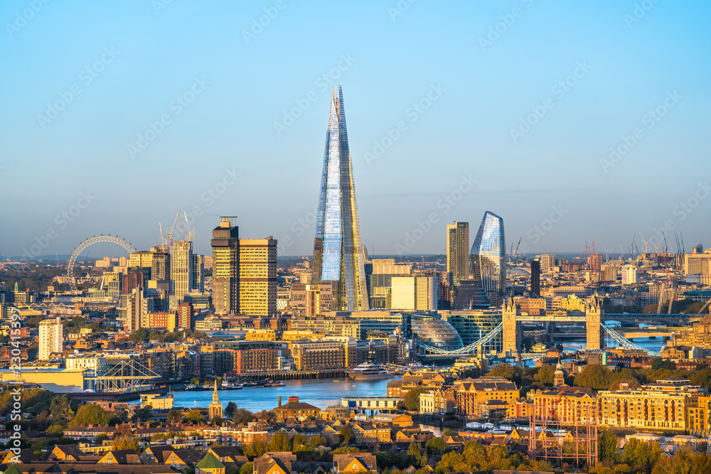 View of the London city center with historical and modern famous skyscraper buildings.