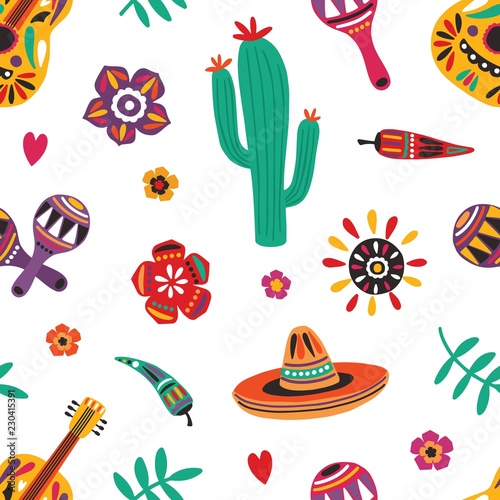 Mexican seamless pattern with traditional Mariachi sombrero, guitar, maracas,...