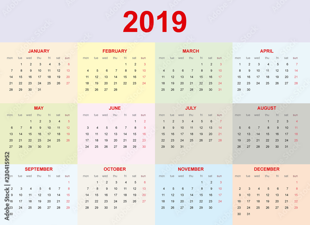 Calendario 2019 en inglés. Color pastel. Calendario 2019 en inglés. Color pastel.