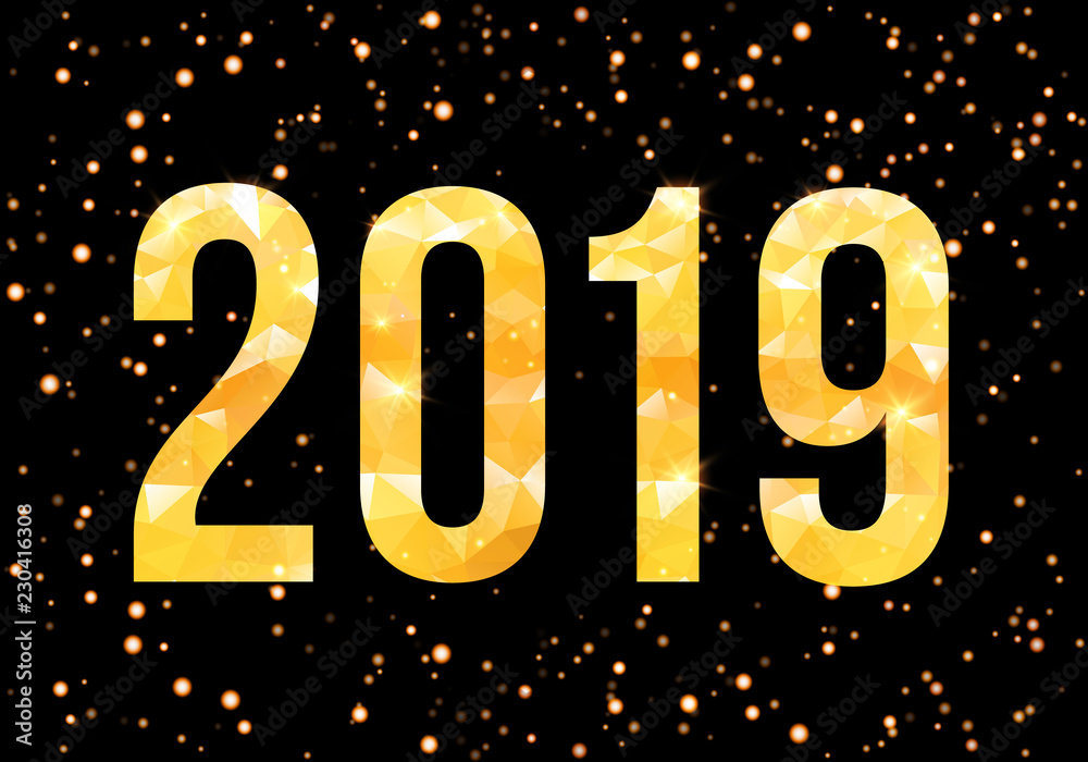 2019 Happy New Year. Golden numbers with confetti background. Template for your seasonal flyers and greetings card. Vector illustration.