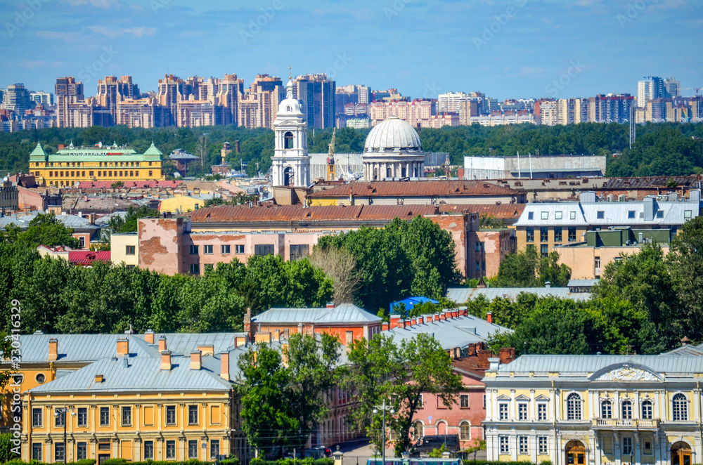 Russia. Saint-Petersburg. Roofs of the city, Vasilievsky island, in the center of the dome and bell tower of the Catherine Church