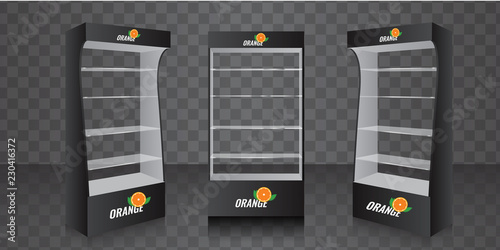 POS POI Cardboard Glass Floor Display Rack For Supermarket. Empty Glass Shelves. Vector illustration.