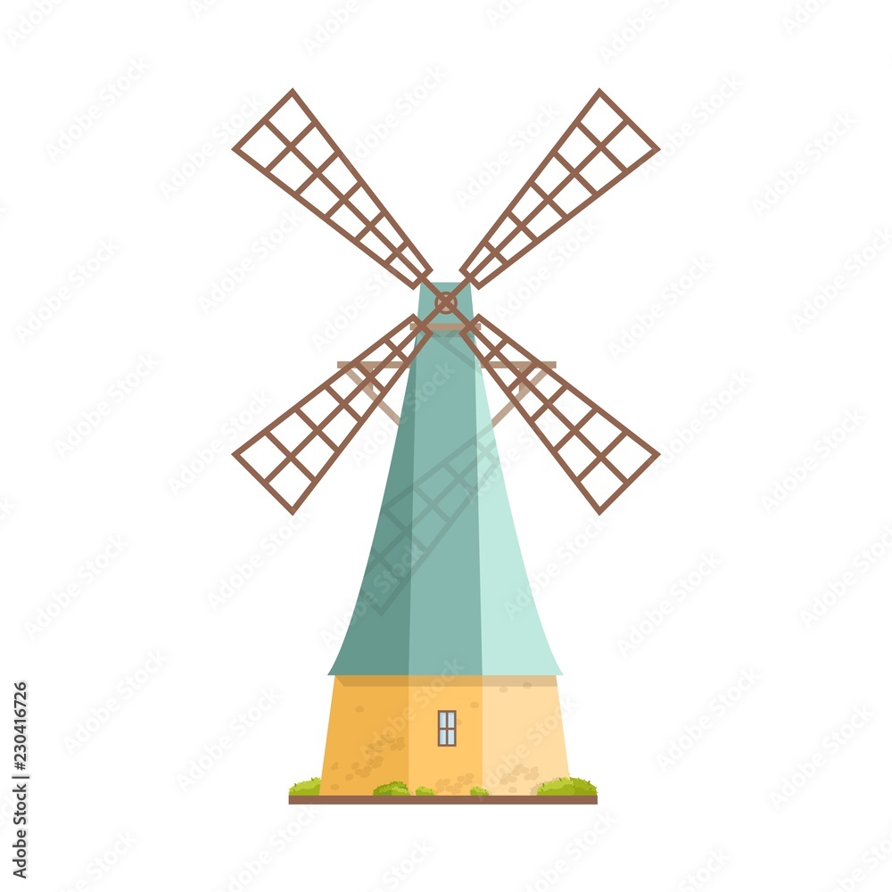 Fototapeta premium Old windmill isolated on white background. Dutch smock or tower mill. Agricultural construction with rotating mechanism. Countryside building. Colorful vector illustration in flat cartoon style.