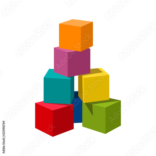 Bright colored bricks building tower. Block vector illustration on white background. Blank cubes for your own design. photo