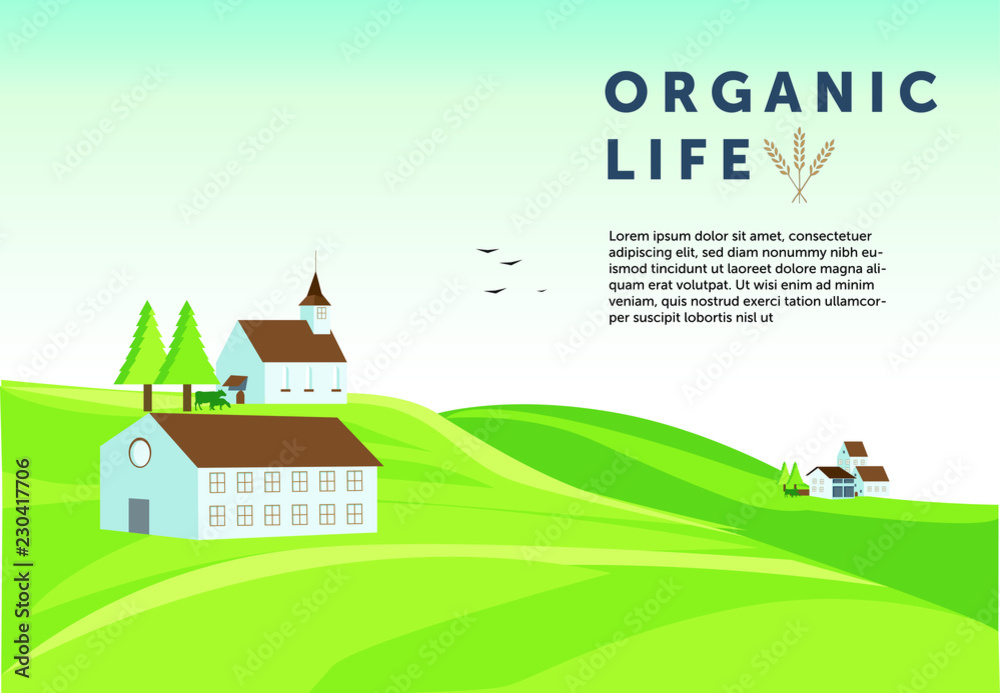 Fototapeta premium Summer landscape from farm, hills, organic life and spike text frame