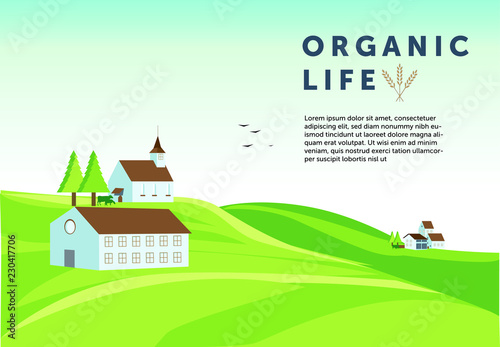 Summer landscape from farm, hills, organic life and spike text frame