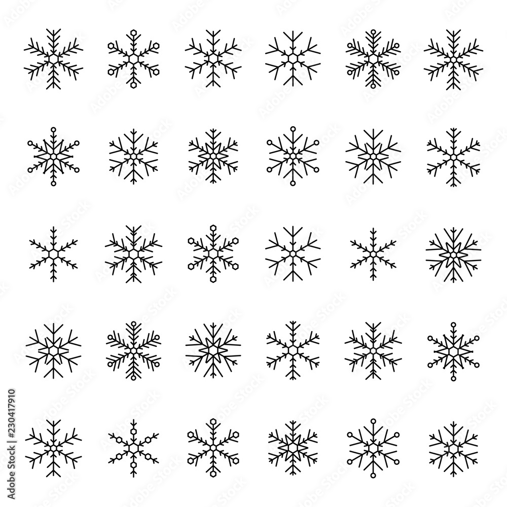 Vector collection of snowflakes, black icon on a white background