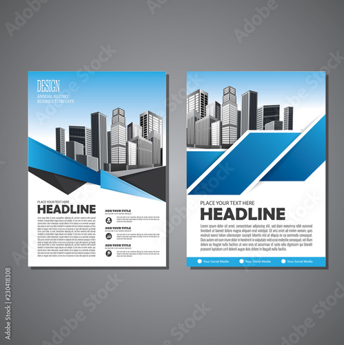 Brochure template layout, cover design annual report, magazine, flyer or booklet in A4 with blue geometric shapes on polygonal background 
