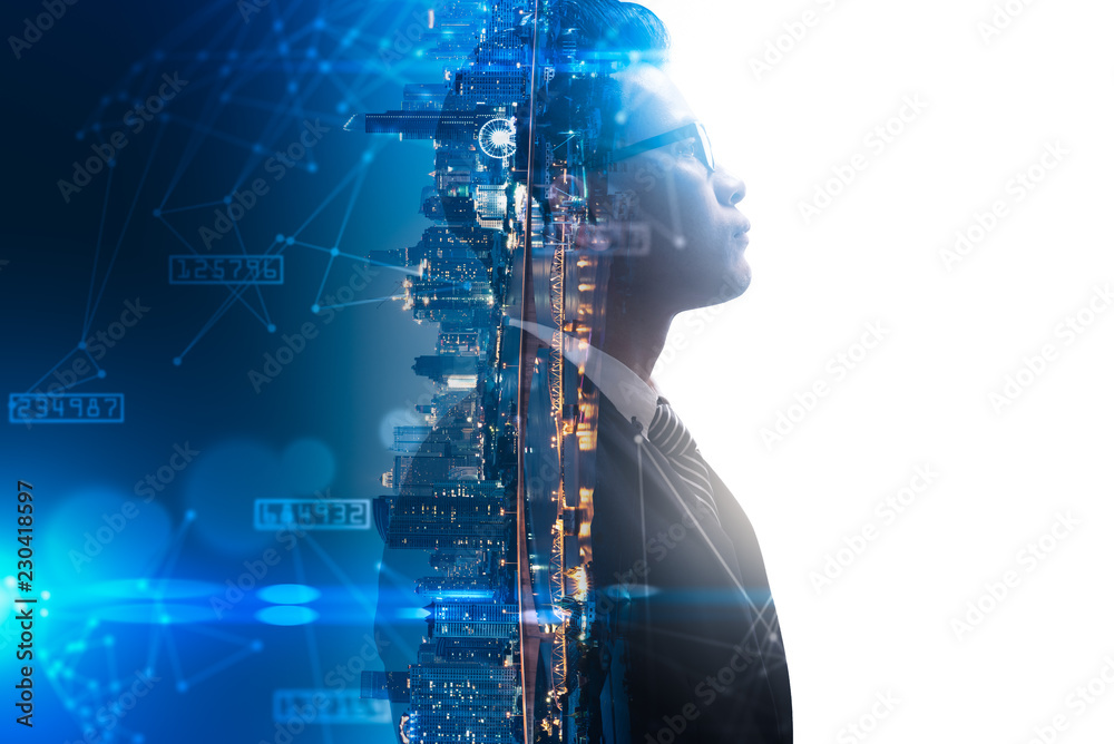 The double exposure image of the businessman thinking overlay with cityscape image and futuristic hologram. The concept of modern life, business, city life and internet of things - obrazy, fototapety, plakaty 
