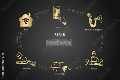 Repair - doorphone, sanitary engineering, builder, stonemason, carpenter, wi-fi vector concept set
