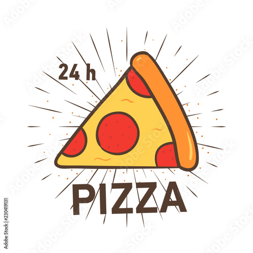 Trendy logotype with pizza slice and radial rays on white background