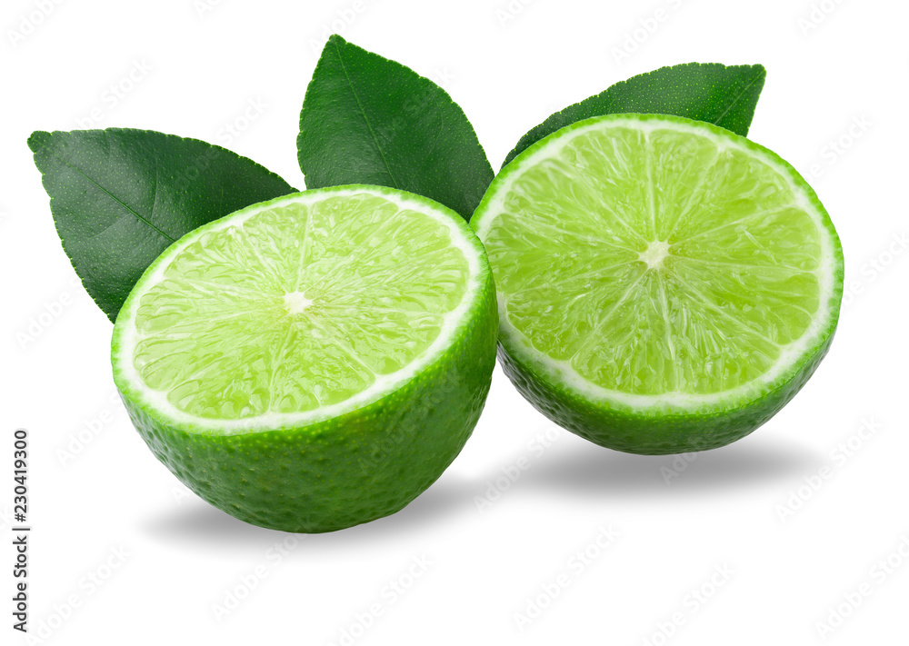 Half with slice of fresh green lime isolated on white background Half with slice of fresh green lime isolated on white background