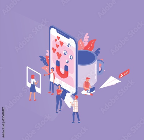 Isometric composition with tiny men and women and giant smartphone, cup and p...