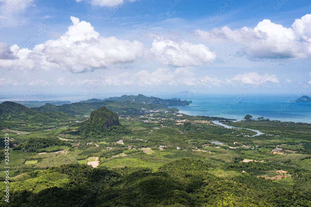 forest and sea view from rough and rocky mountain top