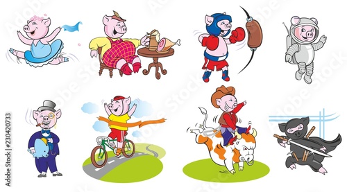 Funny pigs in different roles and poses