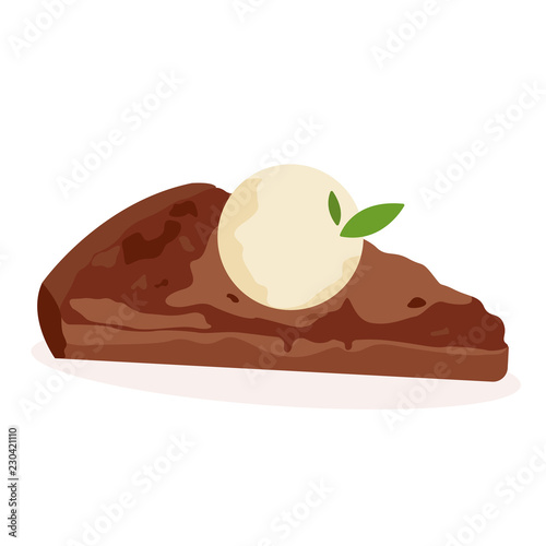 Delicious piece of chocolate cake with vanilla ice cream.