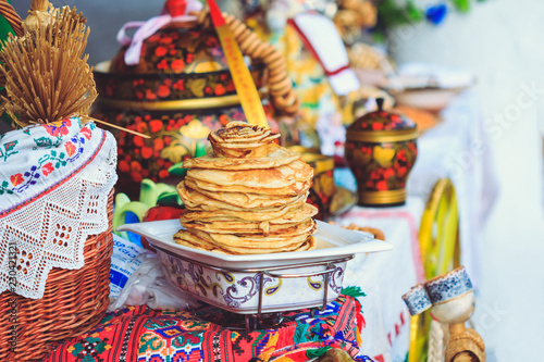 Delicious pancakes on the counter festival Maslenitsa