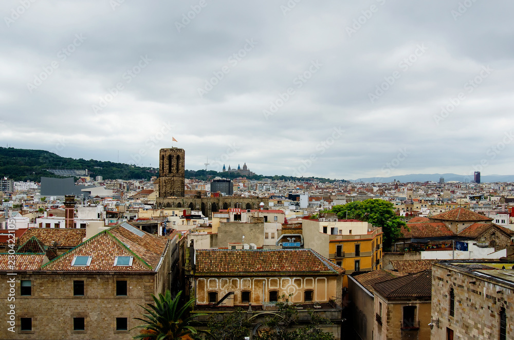View to the city from the top of Barcelona Cathedral, located in Gothic Quarter in rainy morning