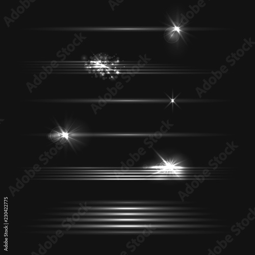 Vector Set of Motion Light Effects on Dark Background, Black and White Illustration, Design Elements Set.