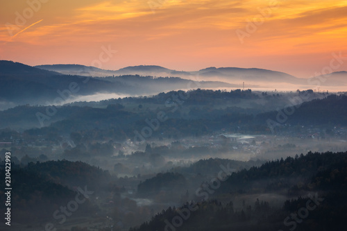 Sunrise in Rudawy Janowickie at foggy morning, Silesia, Poland © Artur Bociarski