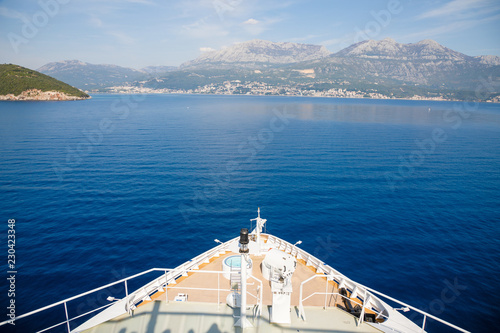 Forecastle of the big white Cruise liner during a cruise to Montenegro
