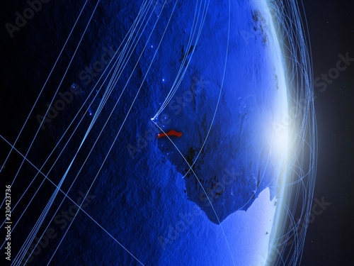 Gambia on blue digital planet Earth with network. Concept of connectivity, travel and communication.
