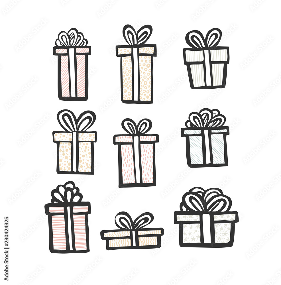 gift icon set. Color simple present box with ribbon. Hand drawing . Doodle  style black ink. different variations Stock Vector