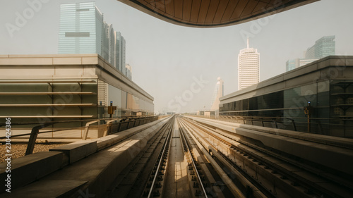 View from first railway carriage. Dubai city metro in the downtown