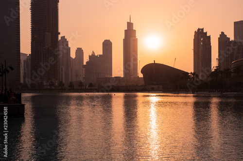 Beautiful view to Dubai city downtown in the sunset  UAE