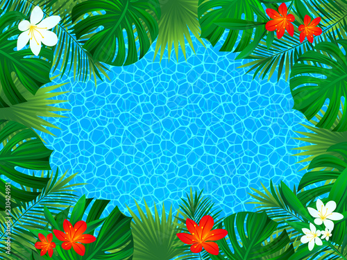 Floral tropical frame. vector exotic flowers illustration. background with jungle plants, palms leaves. sea texture. Horizontal border frame. beautiful tropic seascape. Summer vacation design.