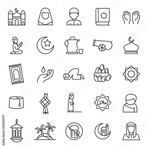 set of islamic worship and arabic culture icon with simple style and modern concept use for web, editable stroke, ramadan kareem, eid adha mubarak, praying, hajj, saudi arabia, hari raya, umrah